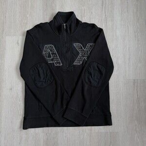 Armani Exchange AX men's Quarter Zip Sweatshirt Black Size M Large Logo Patch